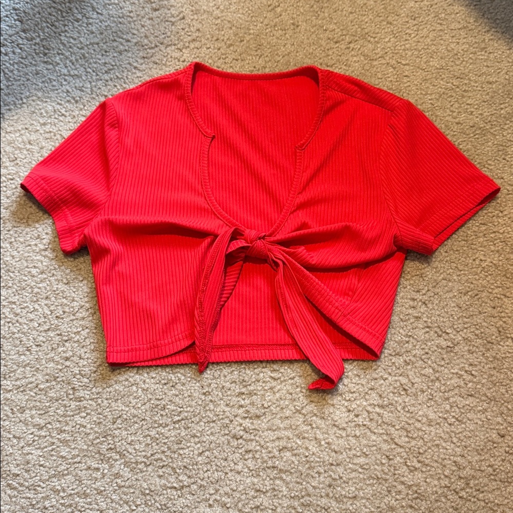 Red Ribbed Tie-Front Crop Top